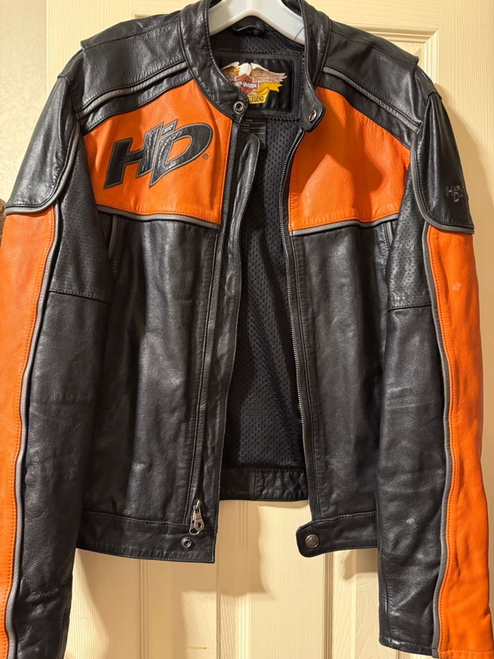 Harley-Davidson Black and Orange Leather Bomber Jacket
